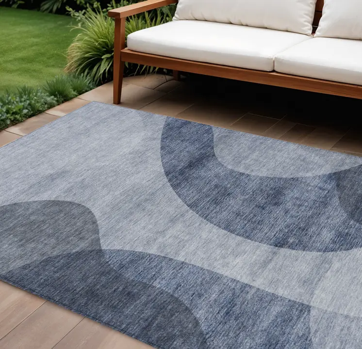 9' X 12' Denim Blue And Sky Blue Abstract Washable Indoor Outdoor Area Rug