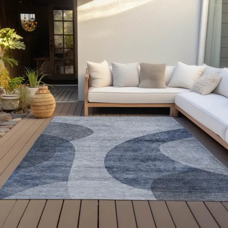 9' X 12' Denim Blue And Sky Blue Abstract Washable Indoor Outdoor Area Rug