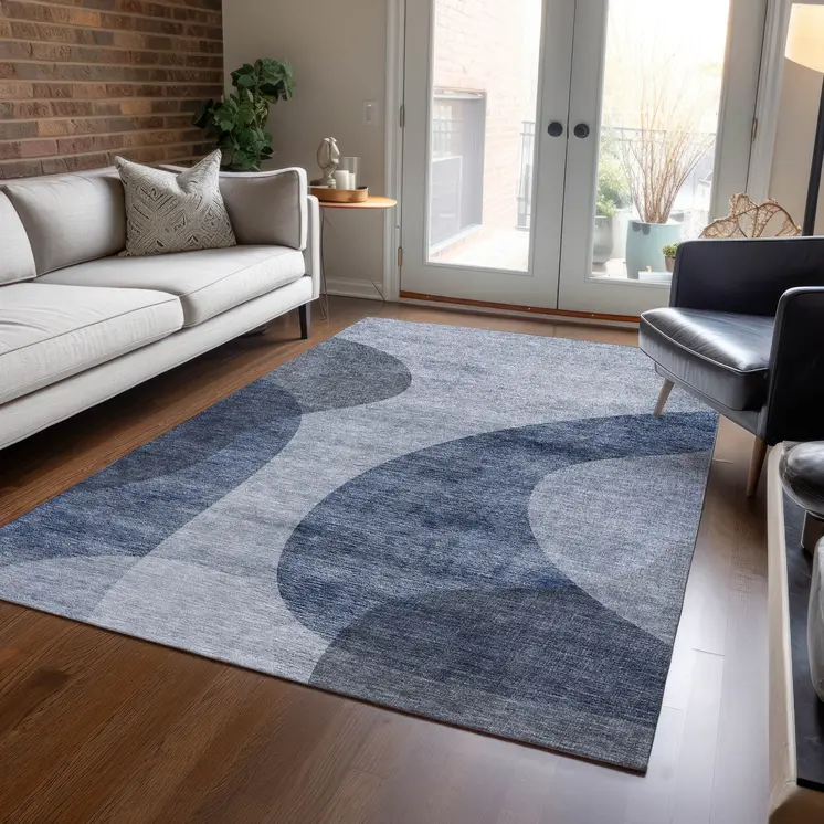 9' X 12' Denim Blue And Sky Blue Abstract Washable Indoor Outdoor Area Rug