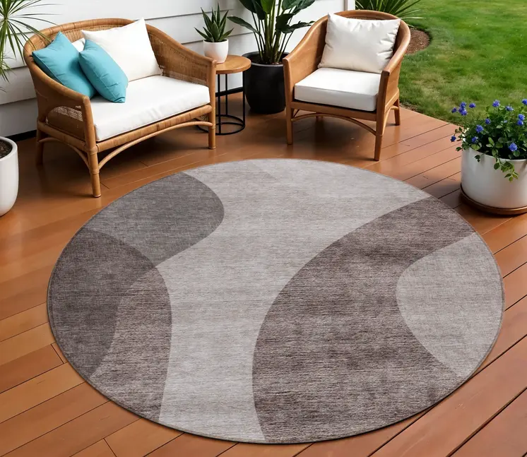8' Brown Taupe And Beige Round Abstract Washable Indoor Outdoor Area Rug