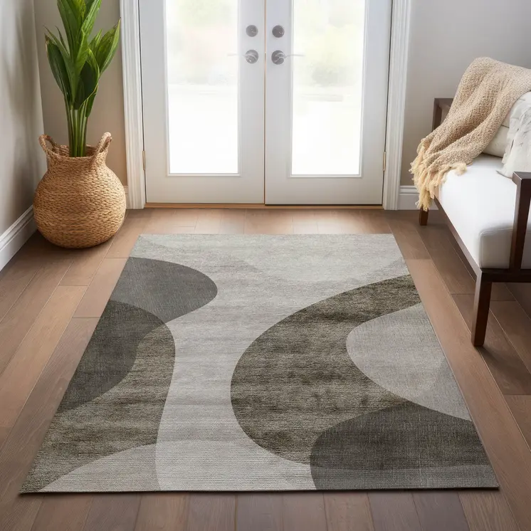 3' X 5' Taupe Beige And Chocolate Abstract Washable Indoor Outdoor Area Rug