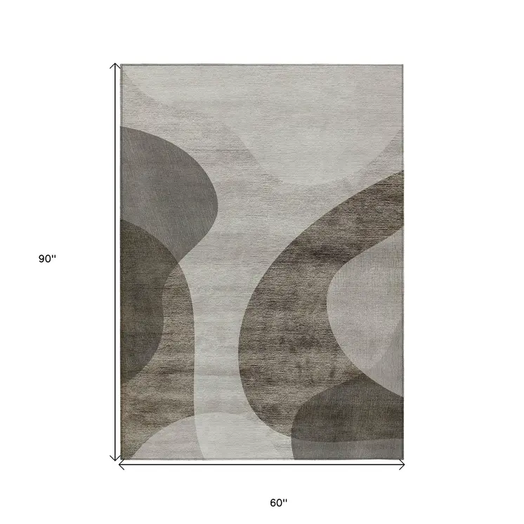 5' X 8' Taupe Beige And Chocolate Abstract Washable Indoor Outdoor Area Rug