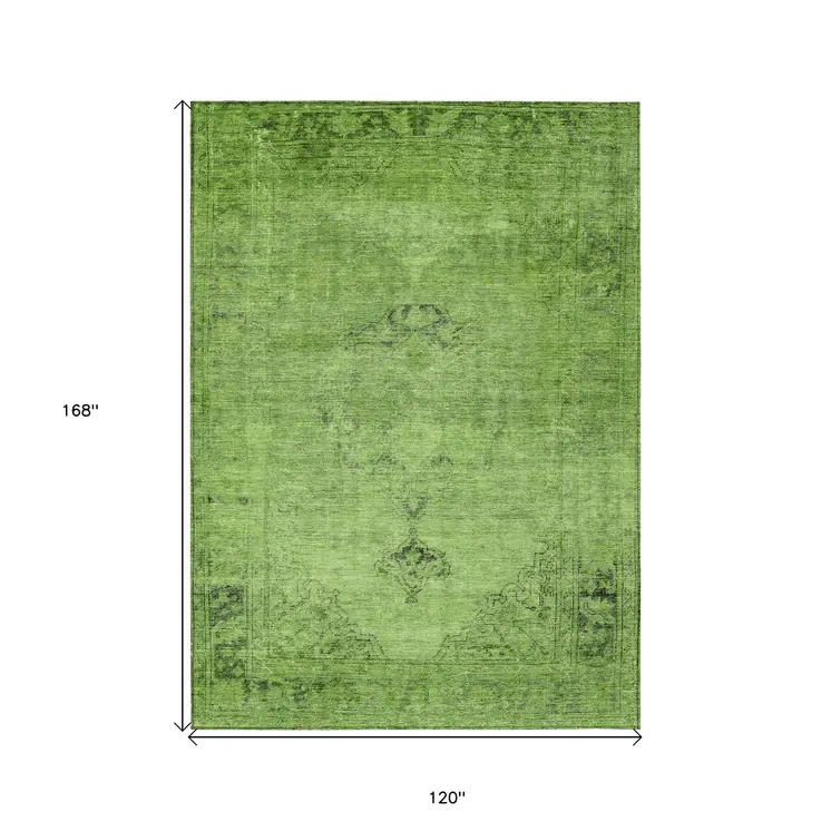 10' X 14' Green And Olive Green Oriental Washable Indoor Outdoor Area Rug