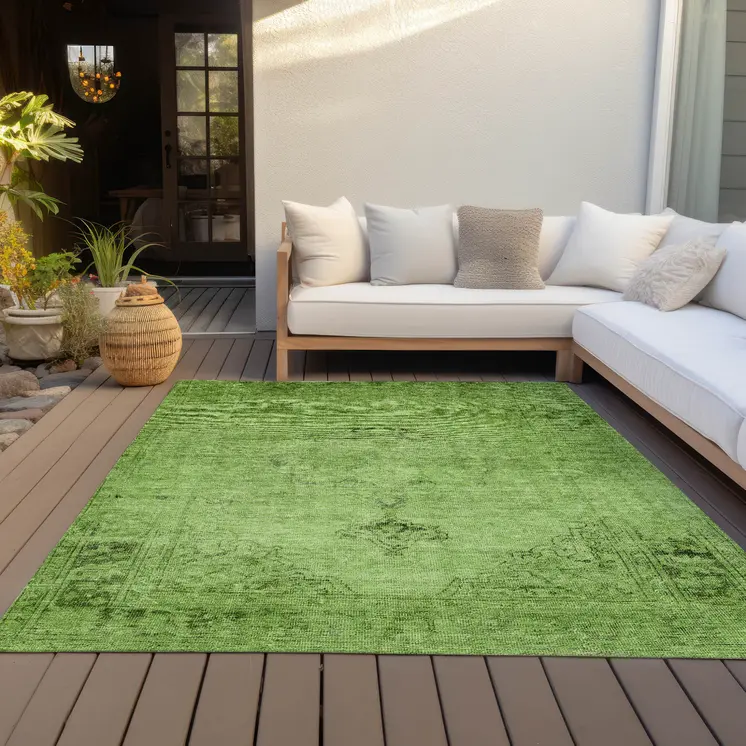 10' X 14' Green And Olive Green Oriental Washable Indoor Outdoor Area Rug