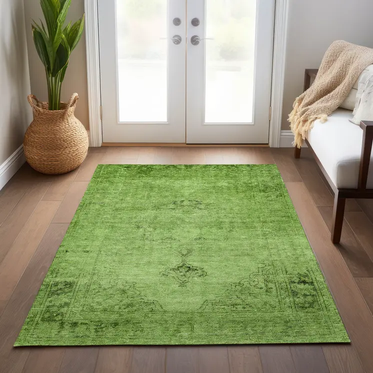 10' X 14' Green And Olive Green Oriental Washable Indoor Outdoor Area Rug