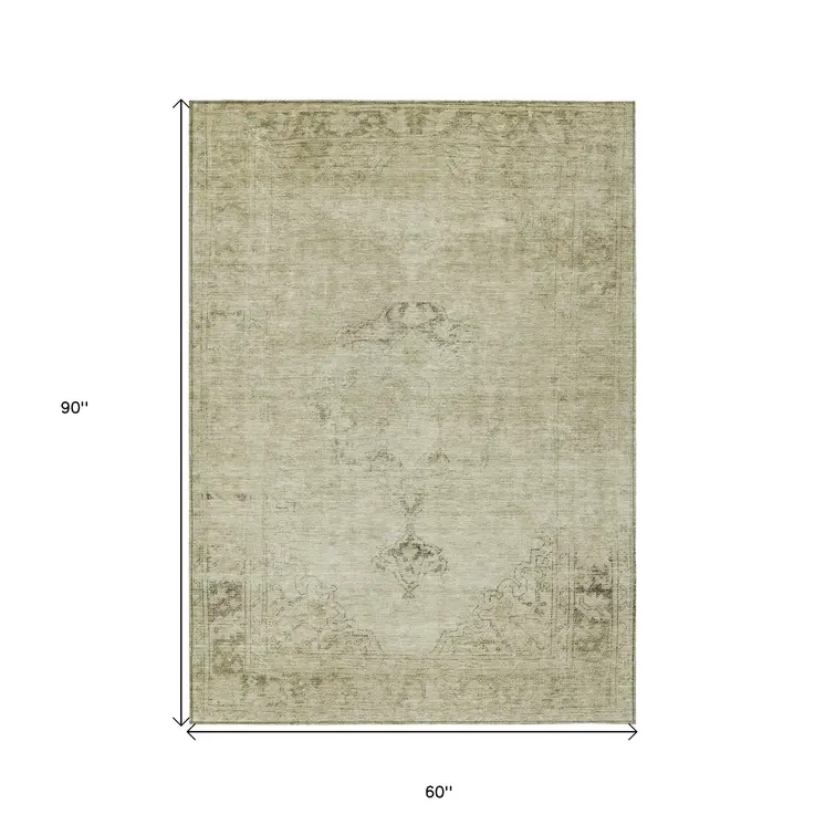 5' X 8' Beige Taupe And Brown Oriental Washable Indoor Outdoor Area Rug