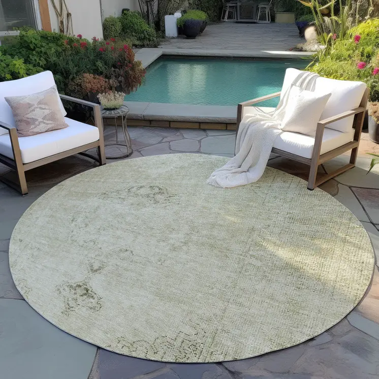 8' Beige Taupe And Brown Round Oriental Washable Indoor Outdoor Area Rug