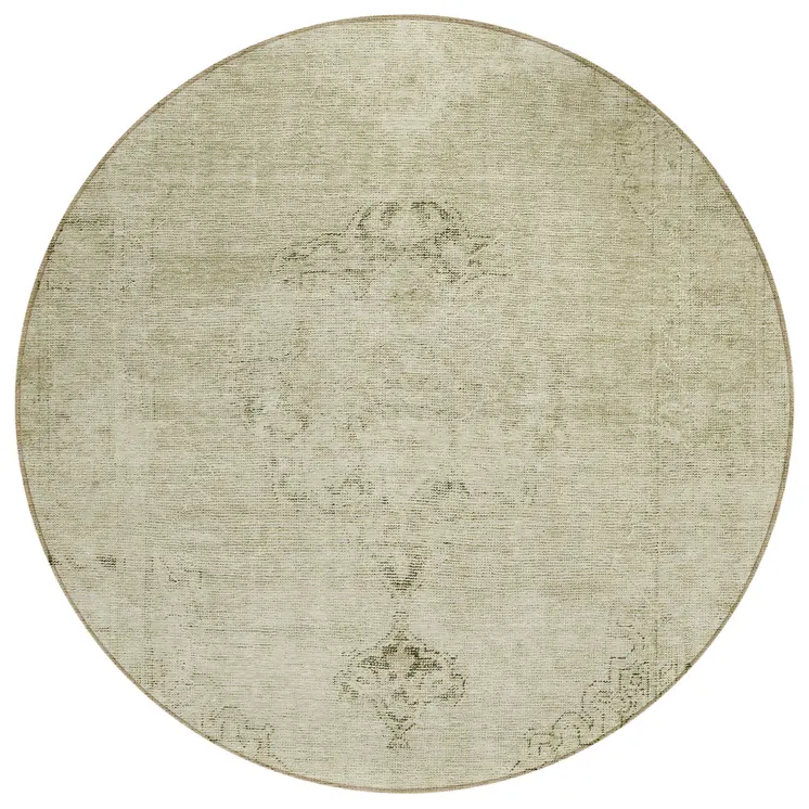 8' Beige Taupe And Brown Round Oriental Washable Indoor Outdoor Area Rug