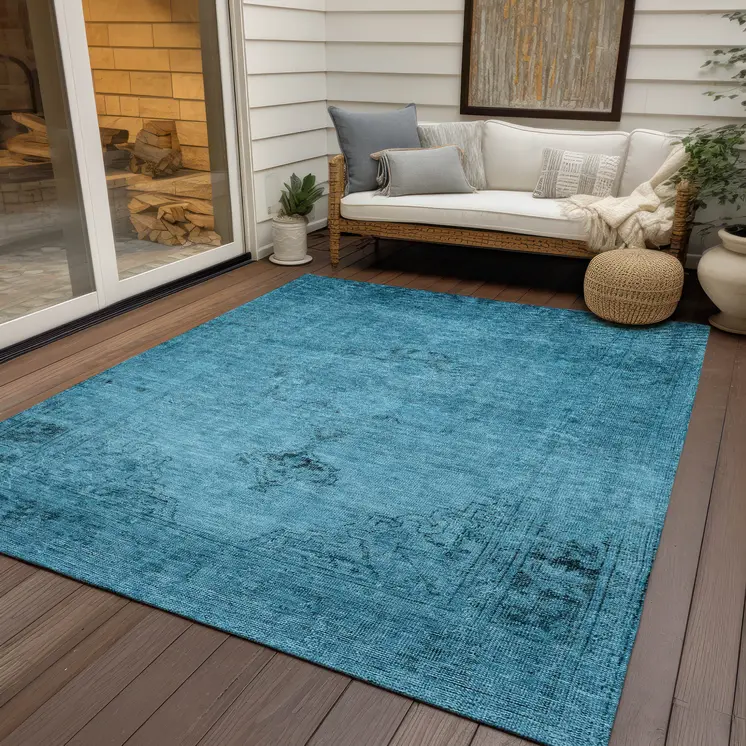 5' X 8' Denim Blue And Navy Blue Oriental Washable Indoor Outdoor Area Rug