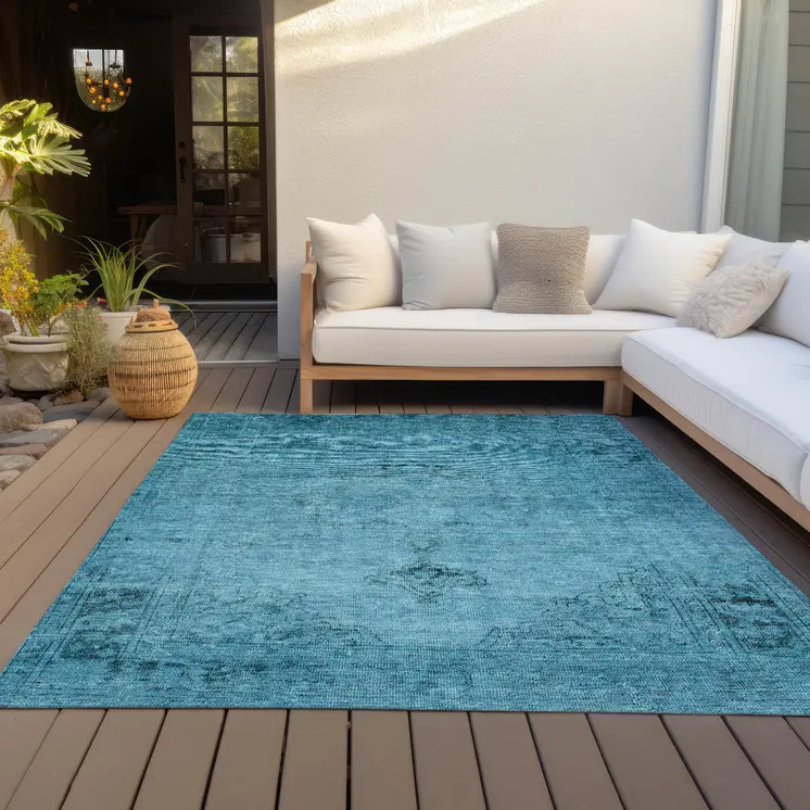 10' X 14' Denim Blue And Navy Blue Oriental Washable Indoor Outdoor Area Rug