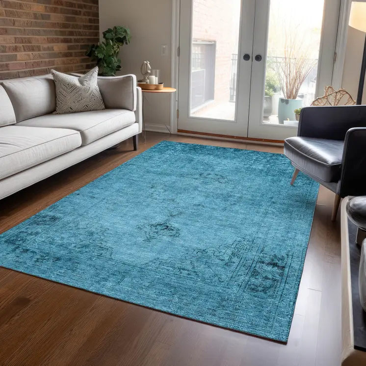 10' X 14' Denim Blue And Navy Blue Oriental Washable Indoor Outdoor Area Rug
