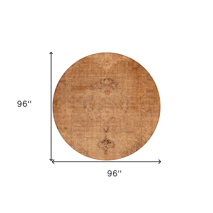 8' Copper Orange And Brown Round Oriental Washable Indoor Outdoor Area Rug