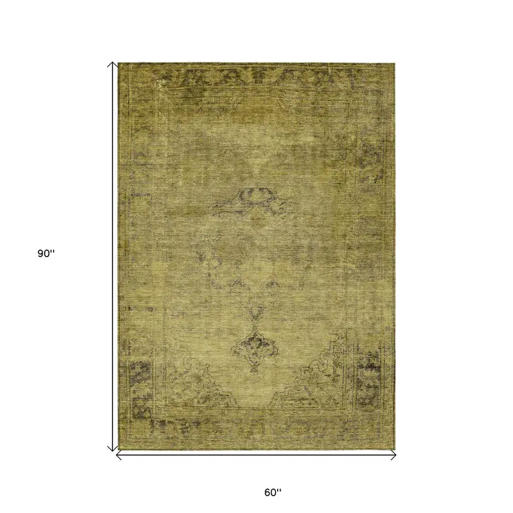 5' X 8' Gold Brown And Wheat Oriental Washable Indoor Outdoor Area Rug