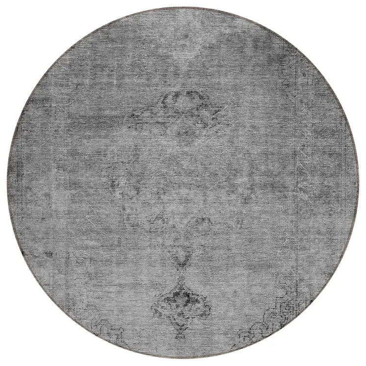 8' Gray Silver And Charcoal Round Oriental Washable Indoor Outdoor Area Rug