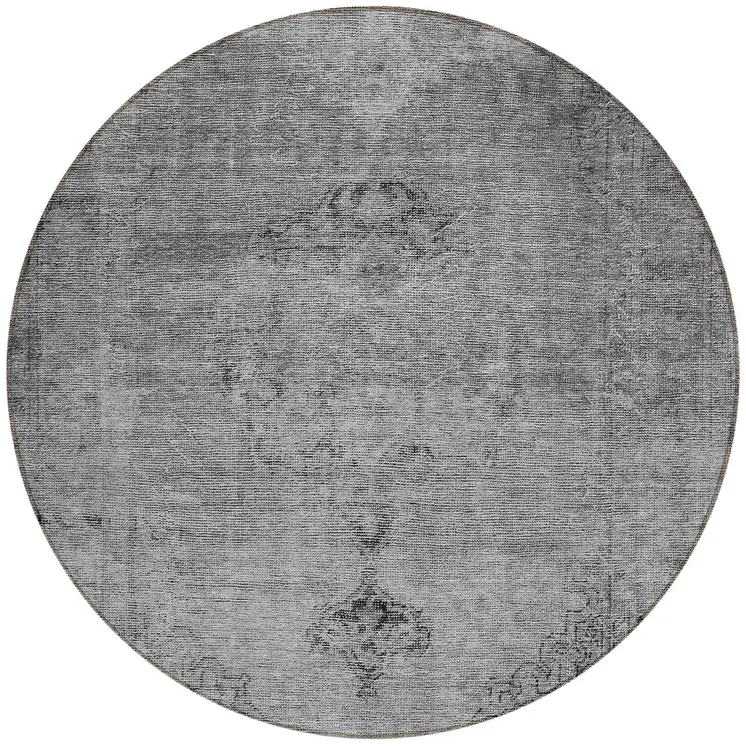 8' Gray Silver And Charcoal Round Oriental Washable Indoor Outdoor Area Rug