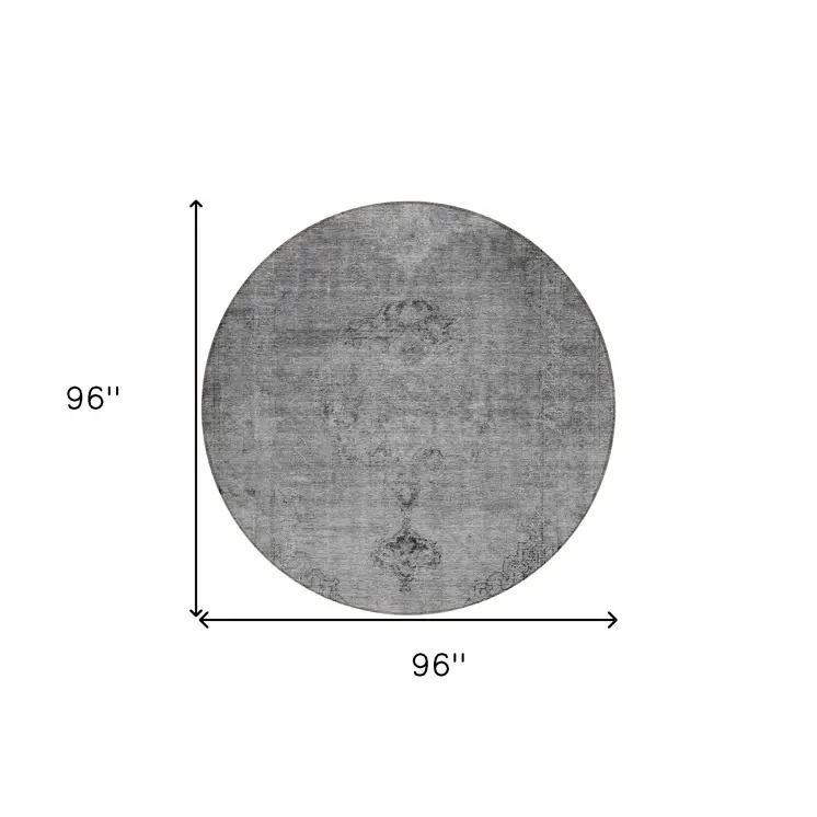 8' Gray Silver And Charcoal Round Oriental Washable Indoor Outdoor Area Rug