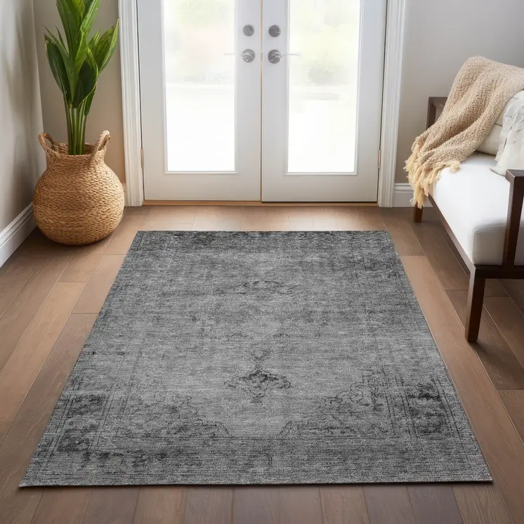 8' X 10' Gray Silver And Charcoal Oriental Washable Indoor Outdoor Area Rug