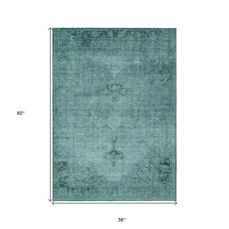 3' X 5' Teal Blue Turquoise And Charcoal Oriental Washable Indoor Outdoor Area Rug
