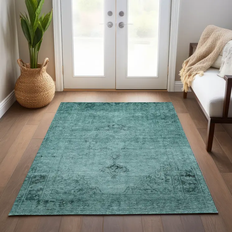 5' X 8' Teal Blue Turquoise And Charcoal Oriental Washable Indoor Outdoor Area Rug