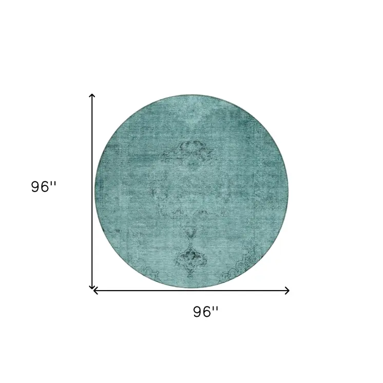 8' Teal Blue Turquoise And Charcoal Round Oriental Washable Indoor Outdoor Area Rug