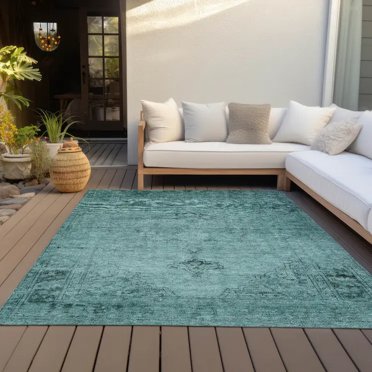 9' X 12' Teal Blue Turquoise And Charcoal Oriental Washable Indoor Outdoor Area Rug