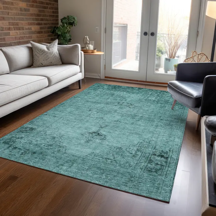 9' X 12' Teal Blue Turquoise And Charcoal Oriental Washable Indoor Outdoor Area Rug