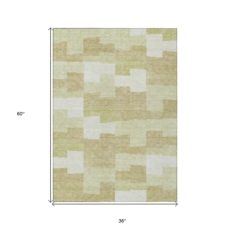 3' X 5' Beige Ivory And Brown Geometric Washable Indoor Outdoor Area Rug