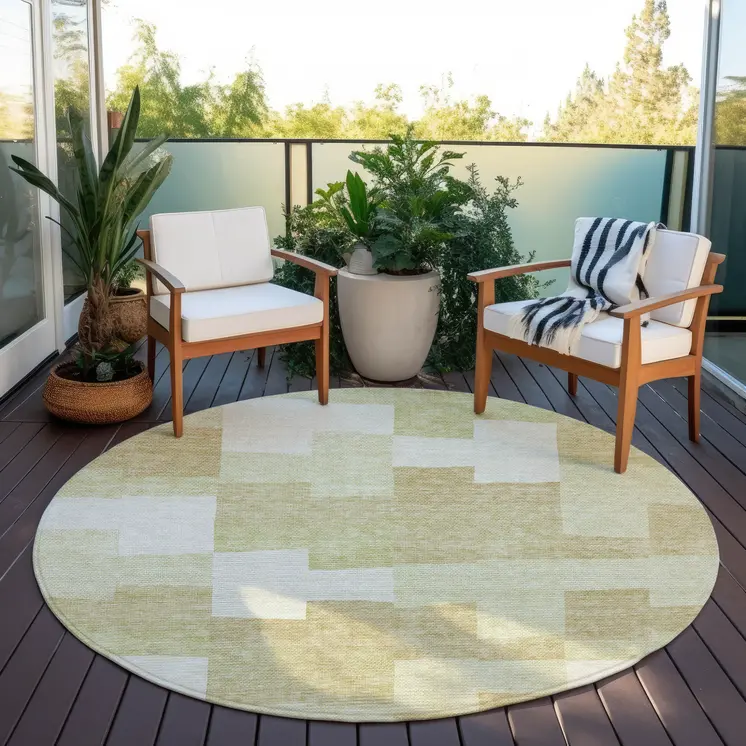 8' Beige Ivory And Brown Round Geometric Washable Indoor Outdoor Area Rug