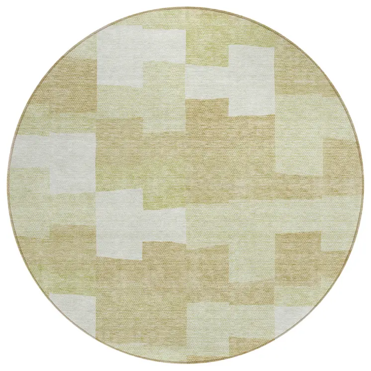 8' Beige Ivory And Brown Round Geometric Washable Indoor Outdoor Area Rug