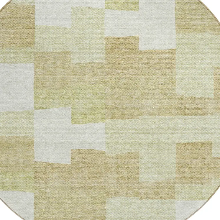 8' Beige Ivory And Brown Round Geometric Washable Indoor Outdoor Area Rug