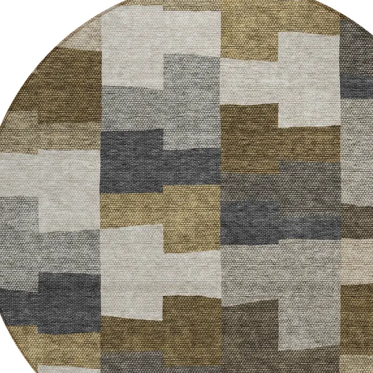 8' Brown Beige And Ivory Round Geometric Washable Indoor Outdoor Area Rug