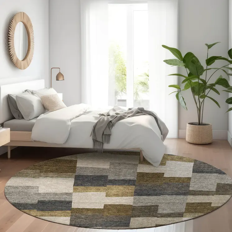 8' Brown Beige And Ivory Round Geometric Washable Indoor Outdoor Area Rug