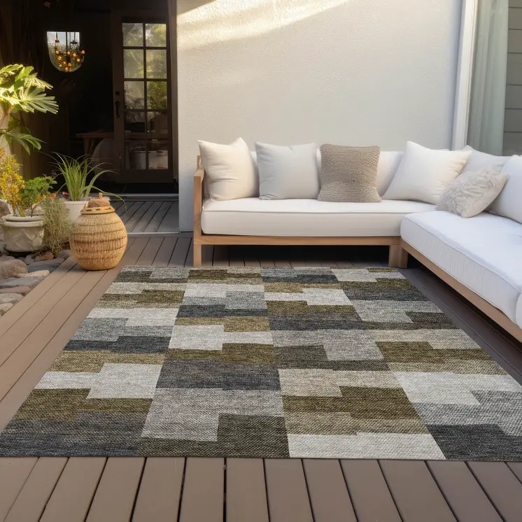 8' X 10' Brown Beige And Ivory Geometric Washable Indoor Outdoor Area Rug