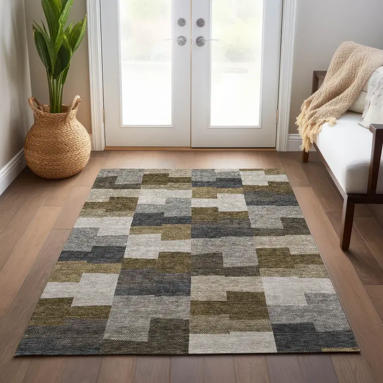 8' X 10' Brown Beige And Ivory Geometric Washable Indoor Outdoor Area Rug