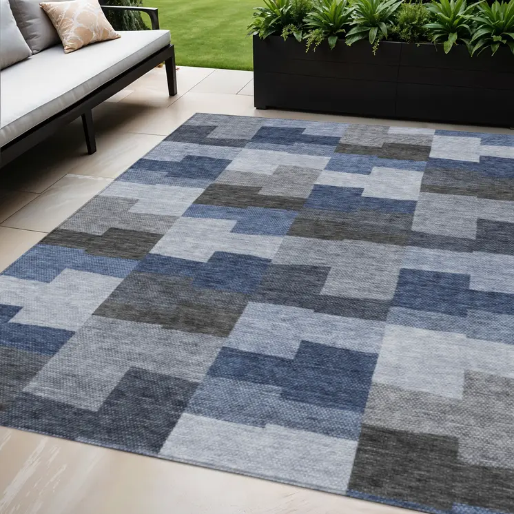 5' X 8' Navy Blue And Sky Blue Geometric Washable Indoor Outdoor Area Rug