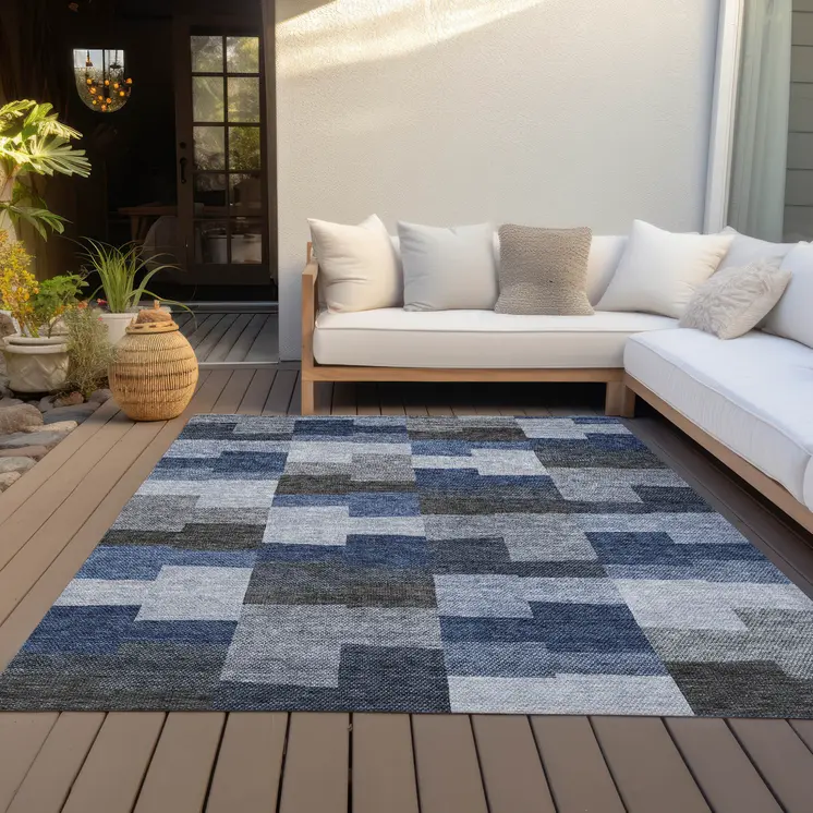8' X 10' Navy Blue And Sky Blue Geometric Washable Indoor Outdoor Area Rug