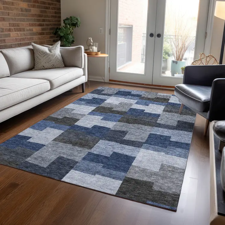 8' X 10' Navy Blue And Sky Blue Geometric Washable Indoor Outdoor Area Rug