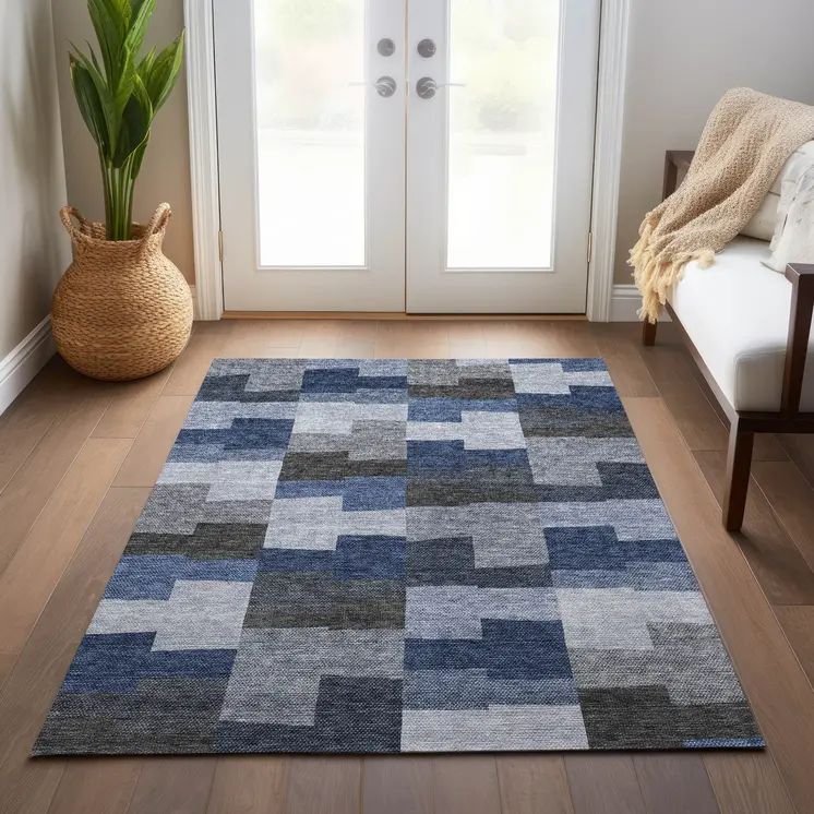 8' X 10' Navy Blue And Sky Blue Geometric Washable Indoor Outdoor Area Rug