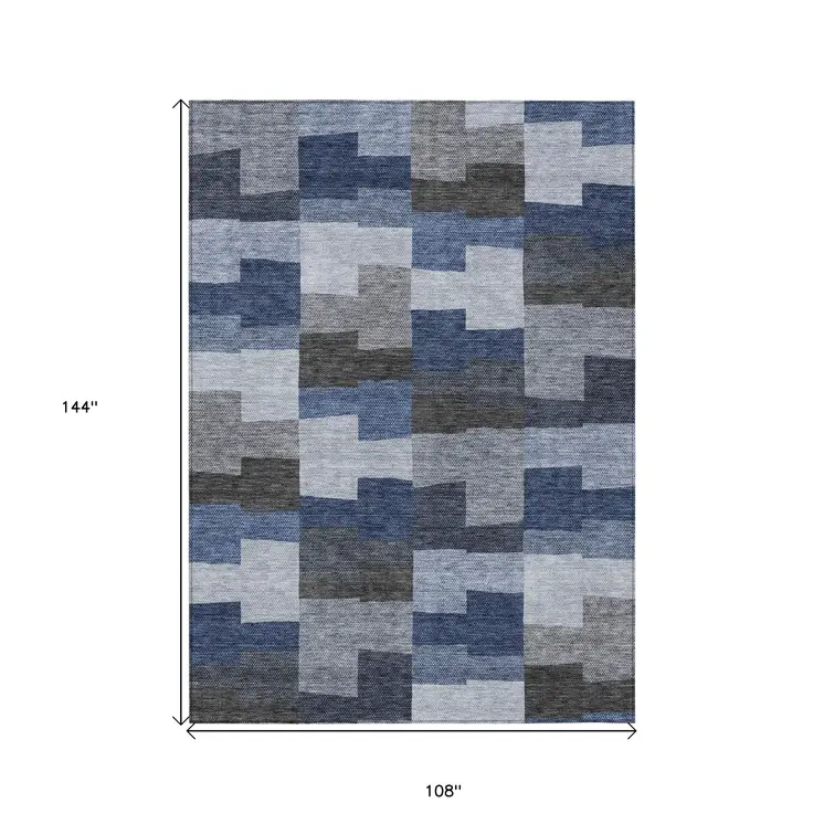 9' X 12' Navy Blue And Sky Blue Geometric Washable Indoor Outdoor Area Rug
