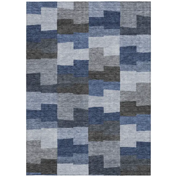 9' X 12' Navy Blue And Sky Blue Geometric Washable Indoor Outdoor Area Rug