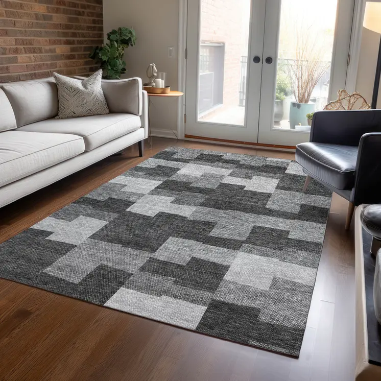 10' X 14' Gray Silver And Charcoal Geometric Washable Indoor Outdoor Area Rug