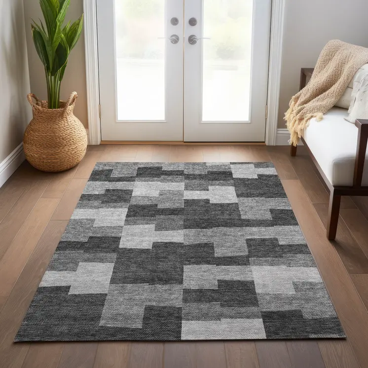 10' X 14' Gray Silver And Charcoal Geometric Washable Indoor Outdoor Area Rug