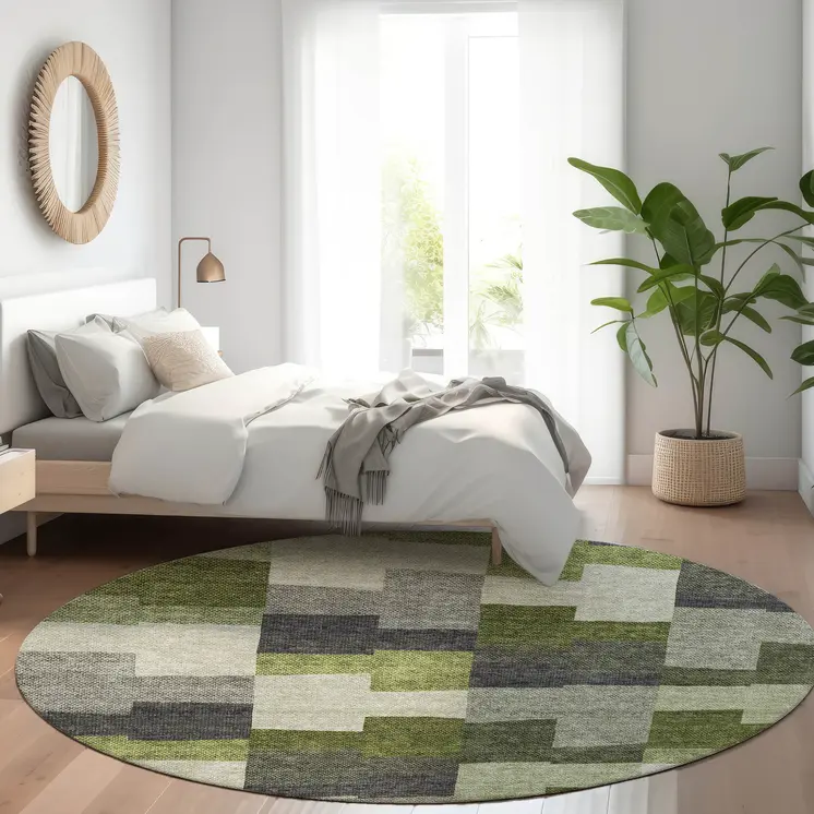 8' Olive Green And Artichoke Green Round Geometric Washable Indoor Outdoor Area Rug