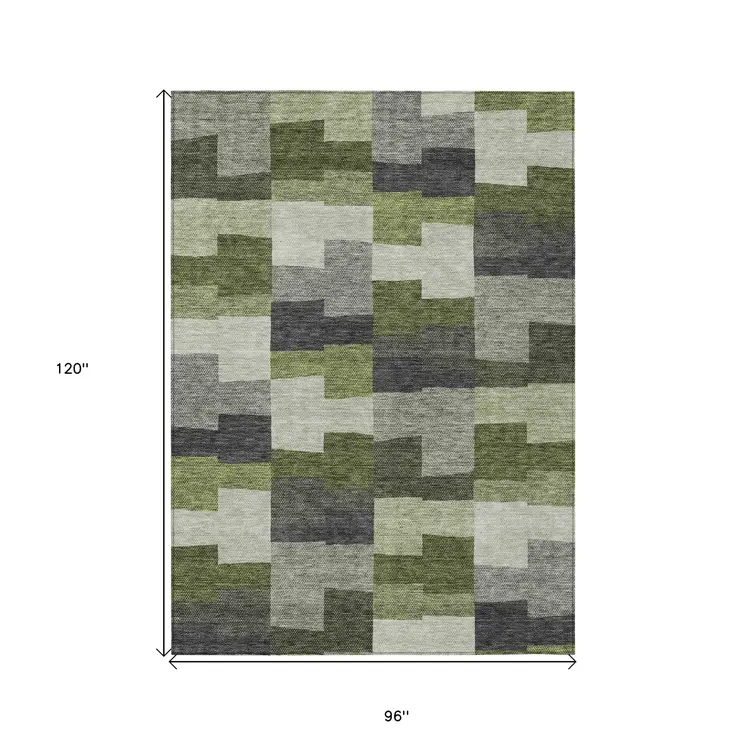 8' X 10' Olive Green And Artichoke Green Geometric Washable Indoor Outdoor Area Rug