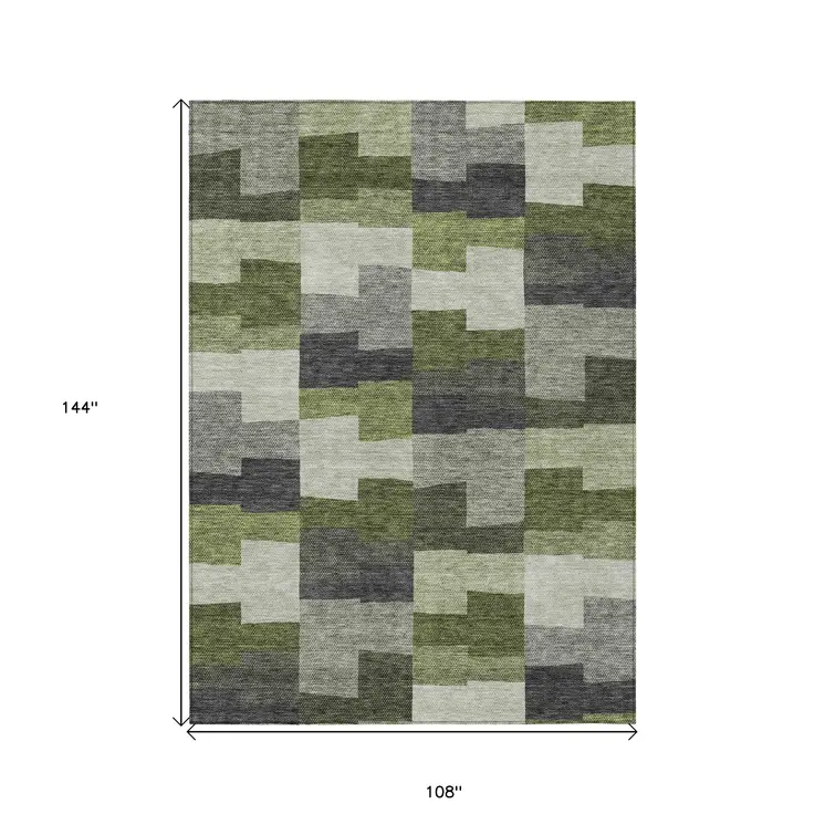 9' X 12' Olive Green And Artichoke Green Geometric Washable Indoor Outdoor Area Rug