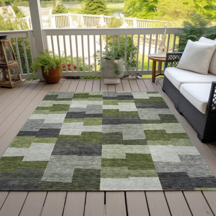9' X 12' Olive Green And Artichoke Green Geometric Washable Indoor Outdoor Area Rug