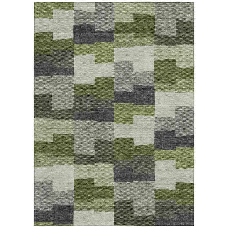 9' X 12' Olive Green And Artichoke Green Geometric Washable Indoor Outdoor Area Rug
