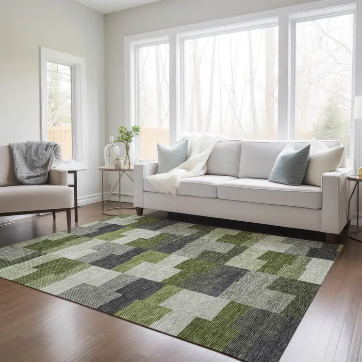 9' X 12' Olive Green And Artichoke Green Geometric Washable Indoor Outdoor Area Rug