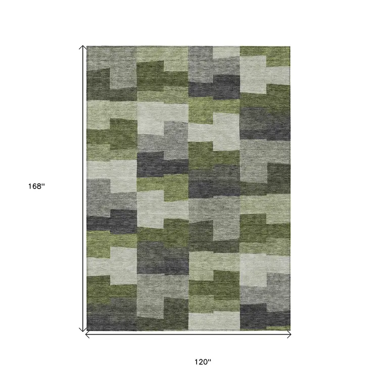 10' X 14' Olive Green And Artichoke Green Geometric Washable Indoor Outdoor Area Rug