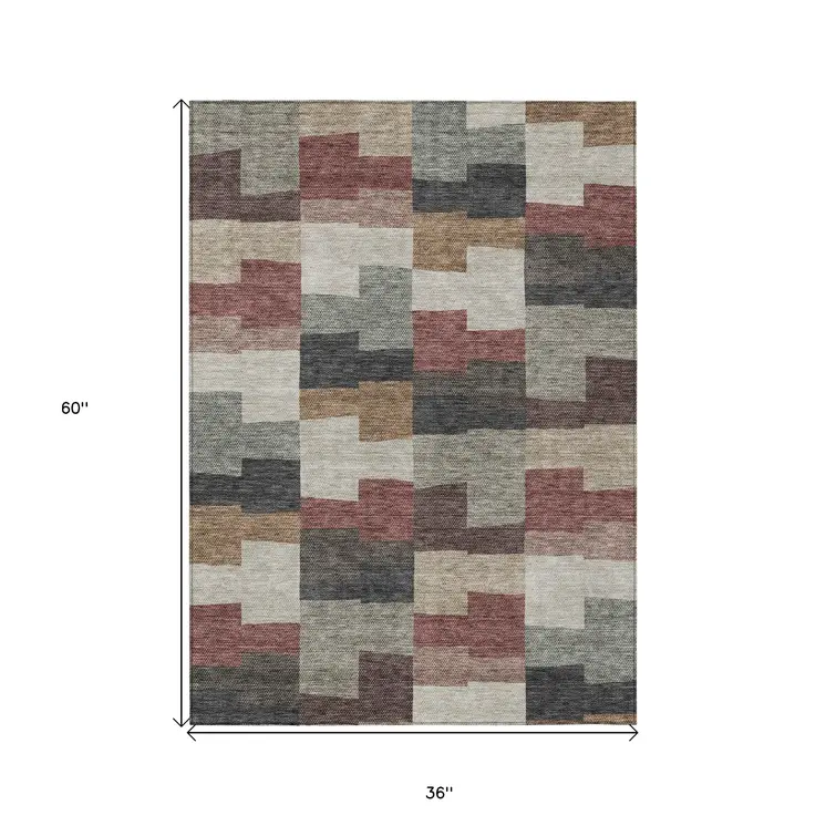 3' X 5' Orange Copper And Charcoal Geometric Washable Indoor Outdoor Area Rug